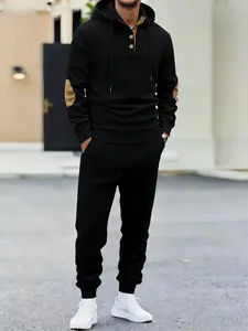 Men's Lightweight Luxury 2-Piece Hooded Sports Set, Color Block Patchwork Sweatshirt, Casual Pants with Knee Patches, Comfortable Business-Casual Outfit