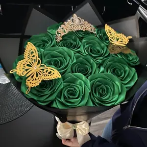 Elegant Green Rose Bouquet with Gold Butterfly Accents and Crown Detail for Special Occasions