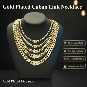 KEVERIE 14K Gold-Plated Cuban Necklace with Classic White Stone Inlay Miami Style Anti-Rust Technology Diamond-Studded Clasp 6/8/10/12/14 Chains Valentine's Day & Summer Gift