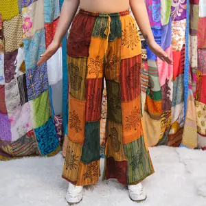 Patchwork Cotton Palazzo Wide Leg Pants, Boho Hippie Pants, Festival Fashion, Block Print, One of a Kind Flare Pants