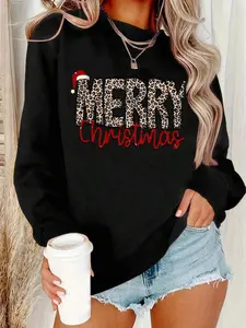 Women's Leopard Letter & Christmas Santa Hat Print Round Neck Pullover Fitted, Casual Long Sleeve Crew Neck Sweatshirt for Fall & Winter, Women's Clothes for Daily Wear, Everyday