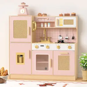 BIERUM Pink Retro Play Kitchen for Kids ，Wooden Kitchen Playset with Realistic Lights & Sounds，Pretend Toy Kitchen for Toddlers Ages 3+