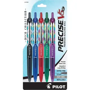 Pilot Precise V5 RT Refillable Retractable Rolling Ball Pens, 0.5 mm Extra Fine Point, Tungsten Carbide Tip, Rubber Grip, Versatile Assorted 5-Pack for Teachers & School/Office Writing