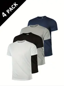 4 Piece High-Quality Athletic Fitted Breathable Crew Neck T-Shirts, Super Breathable, Quick-Dry, Moisture-Wicking, Perfect for Summer Exercise, Running, Gym, Casual Wear
