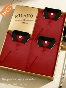 3-Piece Set S8-388 "MILANO" Logo New Fashion Color-Block Quick-Dry Fabric Men's Casual Sport Short-Sleeve Polo Shirt Flared Collar Button-Up Regular Fit Comfortable Breathable Suitable for Tennis Training Golf Shirts Men's Tops