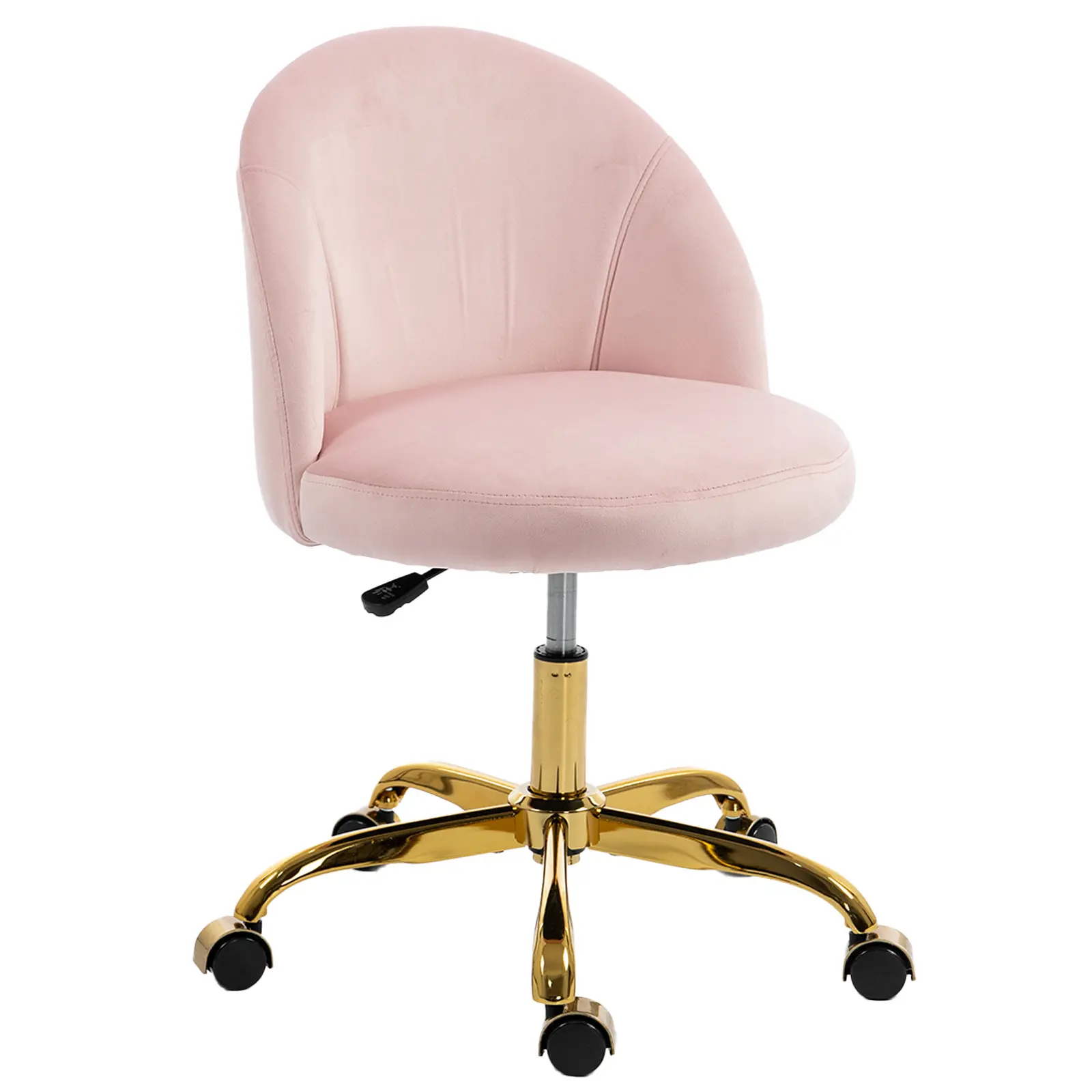 YunKiTech Pink Vanity Swivel Chair - Iron & Velvet Single Seat with Swivel Base, Backrest, Silent Rolling Wheels, Height Adjustable, Armless Comfy Desk Chair for Girls' Makeup Room Bedroom Furniture