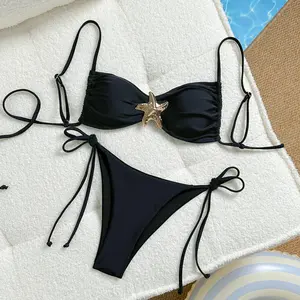 ZAFUL Women's Shoulder Strap One-Piece Chest XINGX Design, Back Banded Bikini, with High Waist Side Lace-up Two-Piece Set