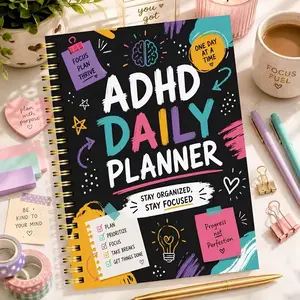 Adult Adhd Planner Notebook, Date-Free Daily Weekly Monthly Schedule Manager, Pomodoro Timer, Task List, Focus Tracker, Color-Coded Neurodiverse Notebook