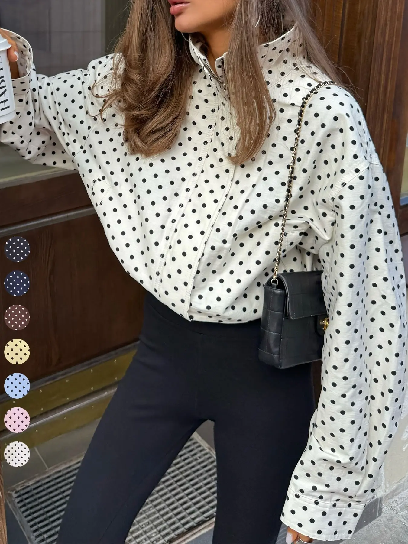 Women's Spring & Fall Fashion Polka Dot Bubble Satin Jacket, High Neck Long Sleeve Zipper Outerwear, Loose Fit Casual Coat Womenswear