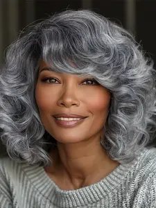 Women's Wavy Bob Wig, Curly Hair Style, Silver Color Synthetic Material, Natural Look for Daily & Party Use, Wavy Wigs