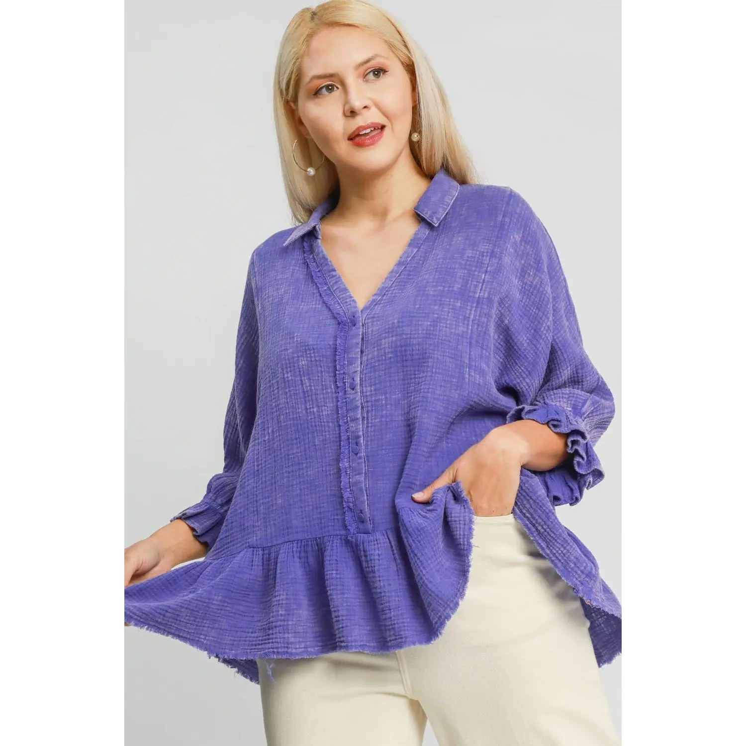 Umgee Plus Size Size Mineral Washed Cotton Gauze Top