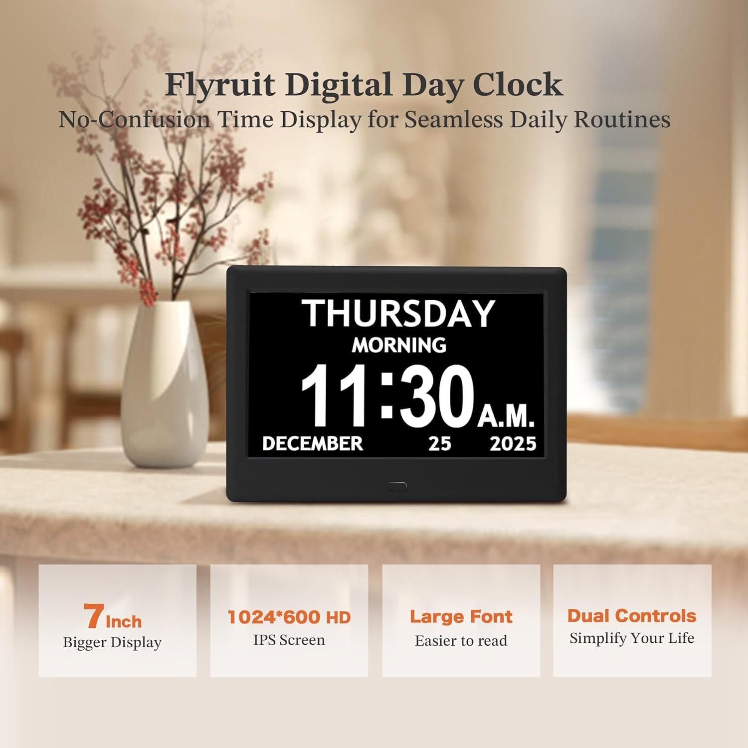 7'' Dementia Clock For Seniors, Large Display Digital Clock With Date, Time, Day Of Week for Elderly, Memory Loss, Alzheimer, 1024*600P HD, 10 Reminders & 6 Alarms, Auto Dimming & DST, Remote Control