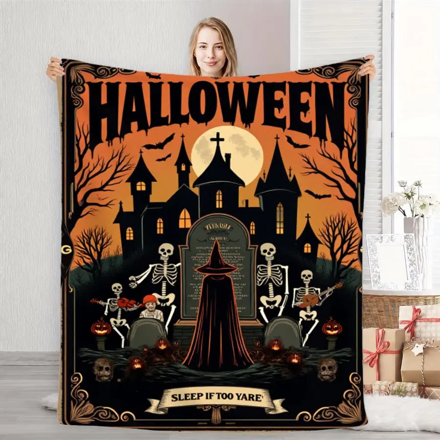1pc Large Gothic Flannel Blanket - 1-Piece Plush Fabric Polyester Throw with Vintage Witch, Skeletons, Gothic Castle Print - Cozy Indoor Use Bedspread for Sofa, Bed - Home Decor Retro Horror Housewarming Gift