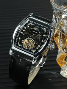 1pc Fashion Tourbillon Skeleton Automatic Mechanical Watch for Men Luxury Iced Out Design Leather Strap Durable Watch Business Casual Mens Watches Top Brand Gifts