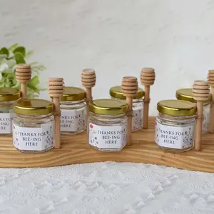 10 Sets Mini Honey Jars Party Packs, 1.5oz Hexagon Small Glass Honey Jar, Transparent Glass Honey Bottles Tin Organiser Canister Wooden