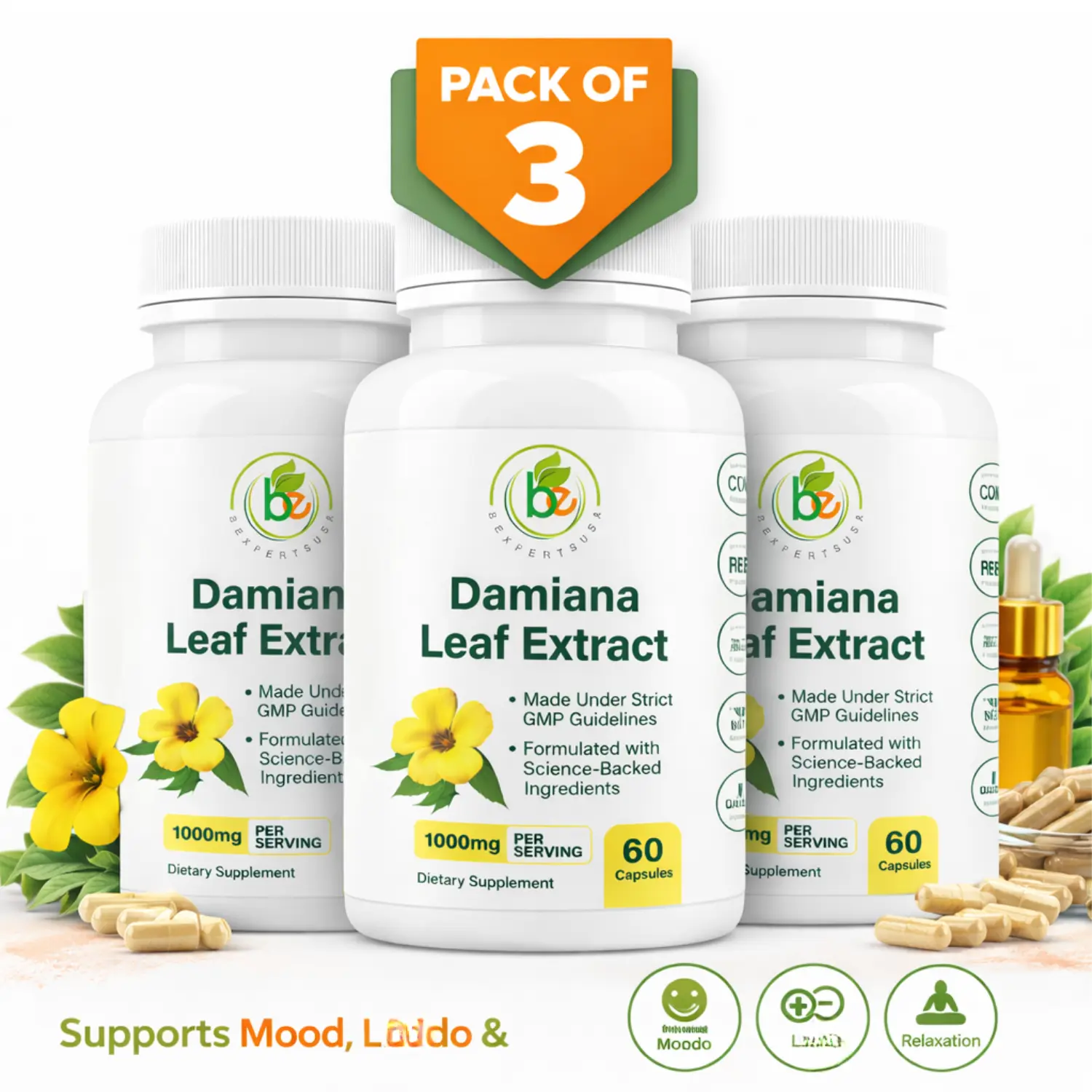 Damiana Leaf Capsules (3 Pack) – Herbal Supplement for Energy, Mood & Wellness – Non-GMO, Gluten-Free – 60 Capsules