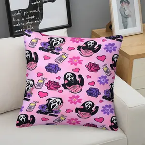 Cute Y2K Ghostface Killer Throw Pillow with Digital Print, 45cm Square Cushion Featuring Playful Horror Motif, Vintage Phones, Floral Accents & Heart Designs, Perfect for Adding a Whimsical Touch to Your Bedroom or Living Room Decor!