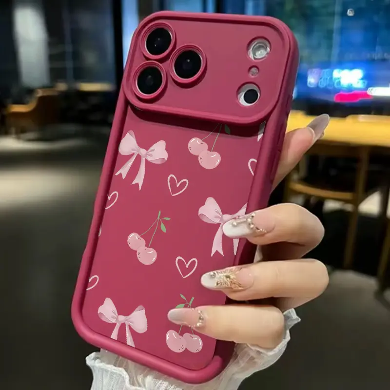 Girly Cherry & Bow Themed Phone Case. Thickened Edges Absorb Impact From Accidental Drops, While The Fade-Resistant Print Maintains A Clear And Delicate Look For Long-Term Use.Suitable for iPhone 17.16.15.14.13.12.