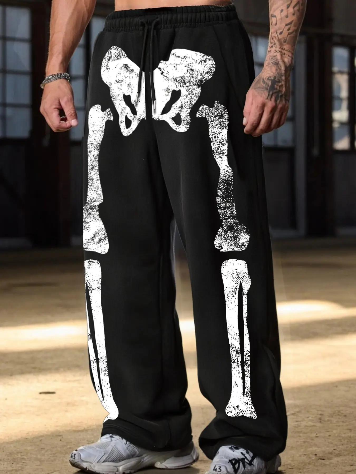 Trendy Street Style Drawstring Waist Sweatpants, Fashion Skeleton Print, Comfortable Fitted Design, Versatile Daily Wear Pants, Sports Casual Pants, Athleisure Style Pants, Athletic Casual Trousers