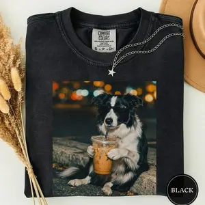 Comfort Colors Funny Border Collie Drinking Iced Coffee Shirt, Animal Meme Tee, Dog Lover Gift, Funny Collie Shirt, Coffee Tee, Dog Mom Gift IG