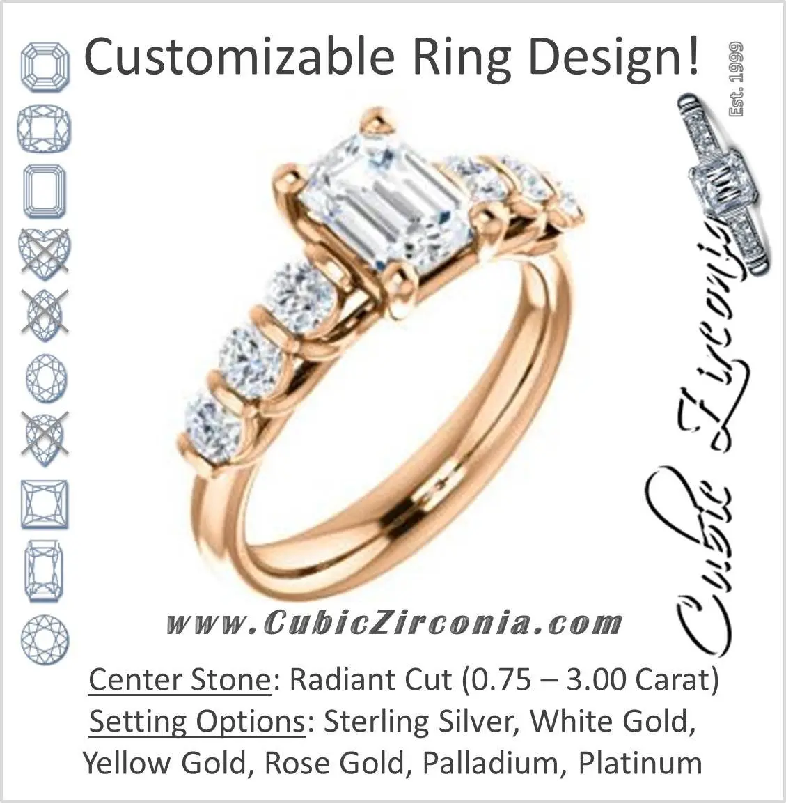 Cubic Zirconia Engagement Ring- The Adamari (Customizable 7-stone Radiant Cut Style with Round Bar-set Accents)