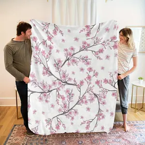 1Pc Extra Large Soft Flannel Blanket - Elegant Cherry Blossom Floral Throw In Pink, Gray, White - All-Season Lightweight Bedspread For Couch, Sofa, Bed - Machine Washable Luxury Home Decor Gift For Women, Housewarming - Cozy Living Room Accent In Soft Pas