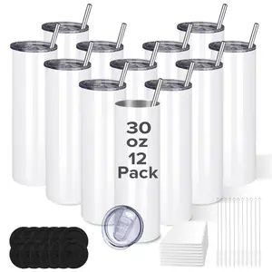 FASTSUB 30 oz Sublimation Skinny Tumblers with Straw and Lid 12 Pack, Stainless Steel Double Wall Vacuum Flask, Insulated Travel Cup