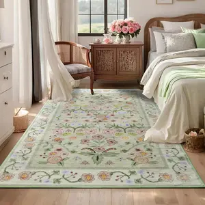 3x5 Entryway Rugs, Indoor Rug Washable Area Rug, Floral Rug for Girls, Non Slip Low Pile Small Carpet for Bedroom,Living Room Kitchen, Entryway,  Room,(Green)