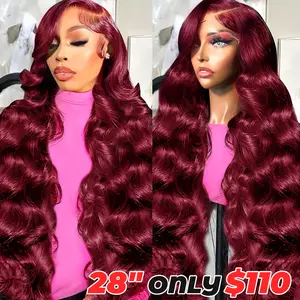 Burgundy Lace Front Wigs Human Hair 180% Density 99j 13X4 Body Wave Lace Front Wigs for Women Red Wigs Pre Plucked with Bleached Knots Natural Hairline