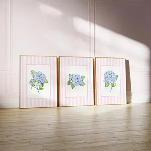 Set of 3 Pink Hydrangea Wall Art, Vintage Antique Flowers Print, coastal wall art, Hamptons style prints, coastal granddaughter aesthetic Aesthetic Poster Unframe