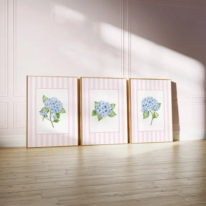 Set of 3 Pink Hydrangea Wall Art, Vintage Antique Flowers Print, coastal wall art, Hamptons style prints, coastal granddaughter aesthetic Aesthetic Poster Unframe