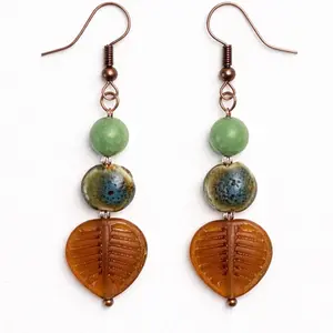 Handcrafted Beaded Dangle Earrings – Earthy Green & Teal Leaf Design | 2.5” Length
