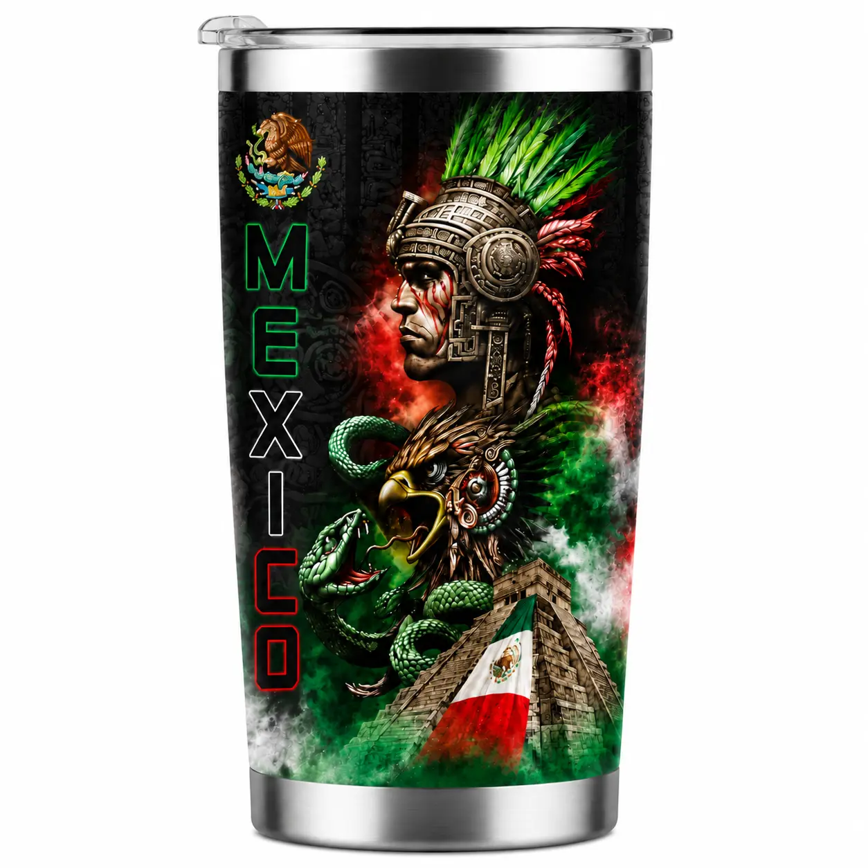 Mexican Aztec Warrior Tumbler 40oz, Ancient Eagle Snake Pyramid Graphic Stainless Steel Cup, Mexico Culture Inspired Travel Mug, Insulated Water Bottle Gift for Soccer Fans