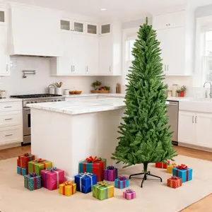 5/6/7/9ft Unlit Pencil Artificial Christmas Tree, Classic Pine Fir Hinged Slim Corner Xmas Tree Holiday Decoration with Dense Branches, Sturdy Stand for Indoor Home Decoration