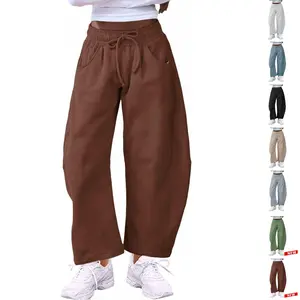 JovenPara Women's Barrel Leg Sweatpant Drawstring Elastic Waisted Wide Leg Pants Casual Cotton Palazzo Trousers with Pockets