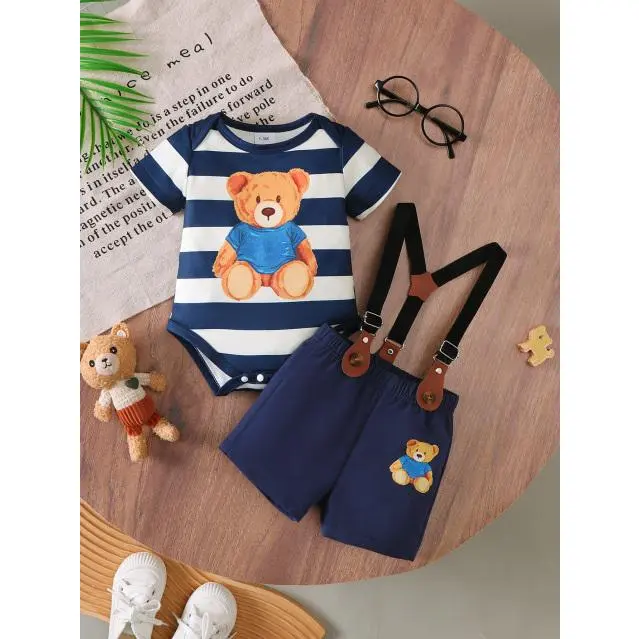 Baby Boy Summer Mystery Outfit Teddy Bear Print Striped Romper & Suspender Shorts For 1-18 Months Infant Newborn Casual Wear 22601002