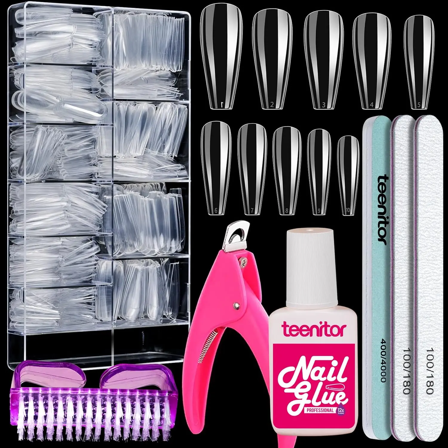 Clear Coffin Nail Tips Set, Long Acrylic Nail Kit Full Cover Clear Press On Nails, 600 Pcs Fake Nails with Glue, Acrylic Nail Clipper Files and Buffer Polisher
