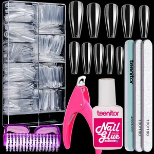Clear Coffin Nail Tips Set, Long Acrylic Nail Kit Full Cover Clear Press On Nails, 600 Pcs Fake Nails with Glue, Acrylic Nail Clipper Files and Buffer Polisher