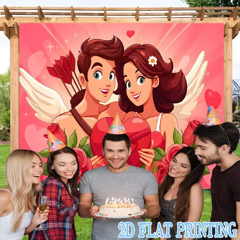 2D Flat Banners-1pc Cartoon Cupid Romance Red Festival banner multi-functional decoration suitable for festivals, courtyards, studios, homes and garden celebrations- perfect Valentine 's Day gift