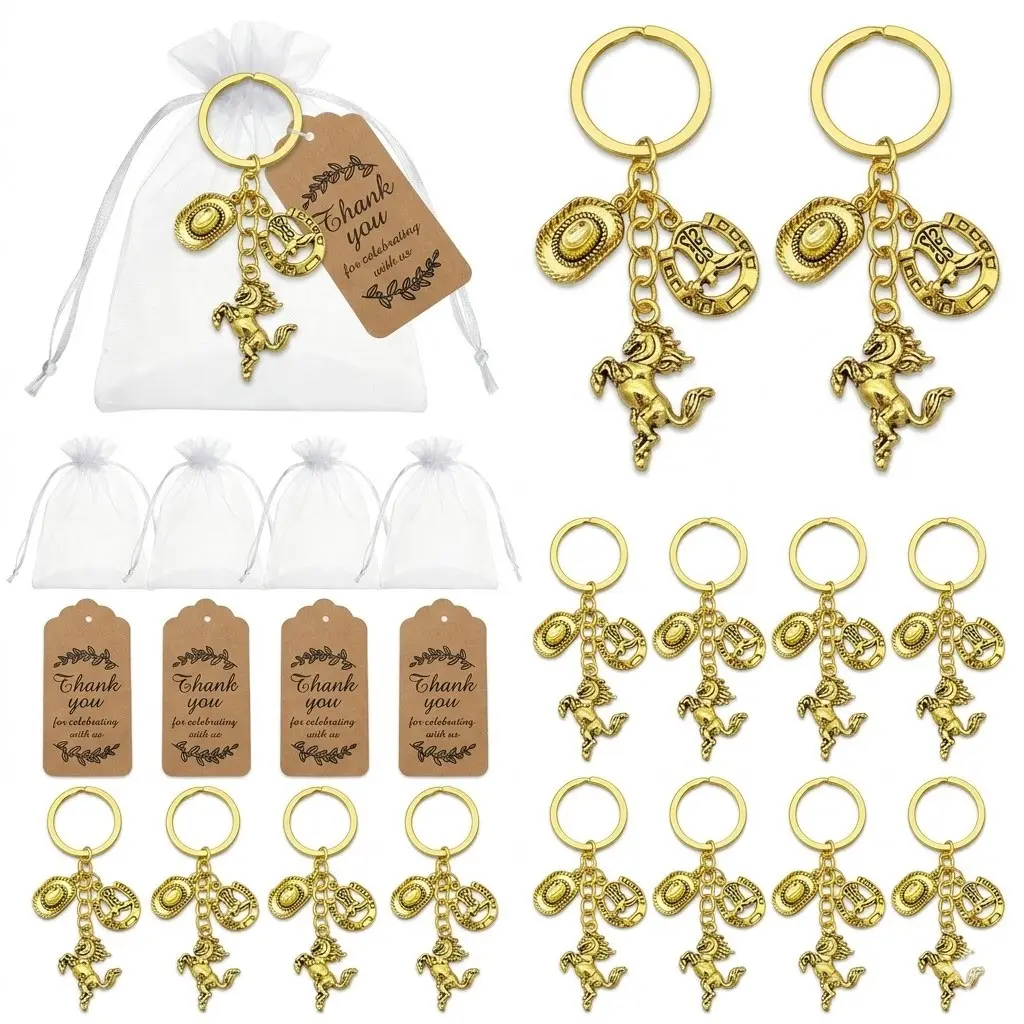 12 Sets Western Cowboy Keychain Favors, Horse, Cowboy Hat & Horseshoe Charms, Organza Bags, Thank You Tags, Western Themed Parties, Fashionable Alloy Keychain, Aesthetic Keychain, Cool Keychains, Key Rings, Keychain Accessories