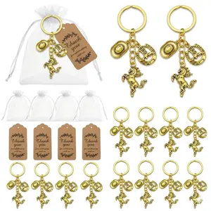 12 Sets Western Cowboy Keychain Favors, Horse, Cowboy Hat & Horseshoe Charms, Organza Bags, Thank You Tags, Western Themed Parties
