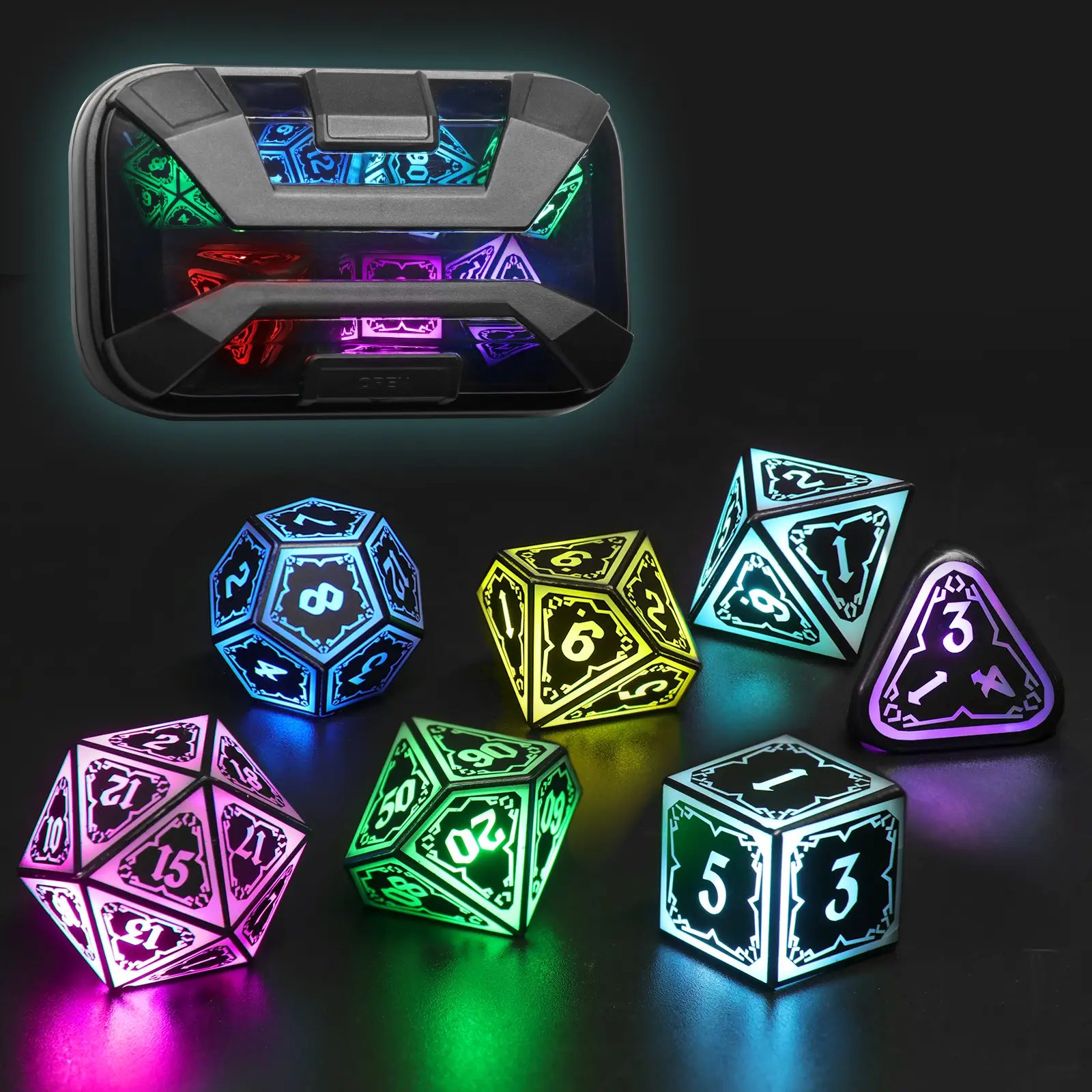 ZHOORQI Dreamy Dice for Gamer: Rechargeable RGB Light-up DND Dice Set! Shake to Glow. With a stylish Dice Box & long battery life,Must-have Colorful M