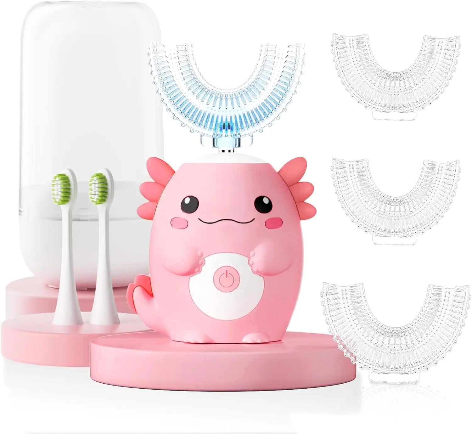 Kids U-Shaped Electric Toothbrush Set, Cute Axolotl Automatic Toothbrush with 4 Soft Silicone U-Shaped Brush Heads and 2 Bristle Replacement Heads, 360° Full Mouth Cleaning, USB Rechargeable, Pink