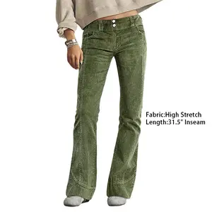 Flamingals Corduroy Dual Button Stitch Detail Low Waist Flare Leg Pants Womenswear