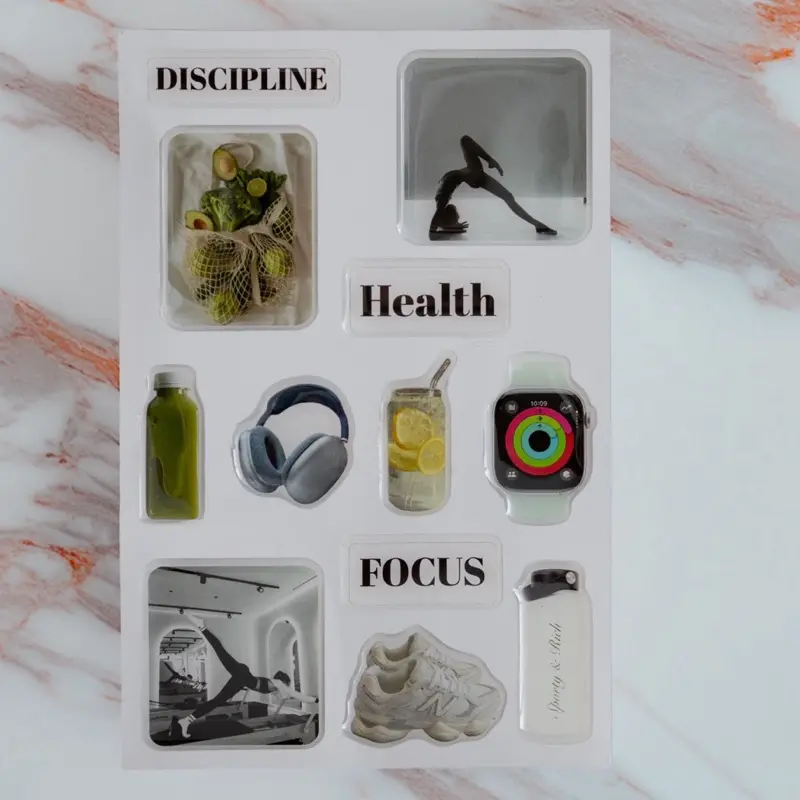 Workout  Discipline & Glow 3D Waterproof Wellness Glossy Stickers for Daily Motivation 12 Puffy Stickers with Epoxy Finish 10x15cm Perfect for Planners Journals and Gifts