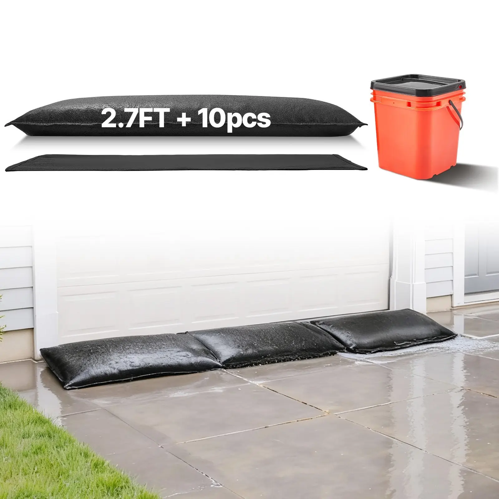 Flood Barrier System With Bucket - 10 Pack 1.4 x 2.7 ft Reusable Water-Absorbent Barrier Activated by Water, Sandless Sandbags for Doorways, Basement and Garage Flood Prevention For Homes