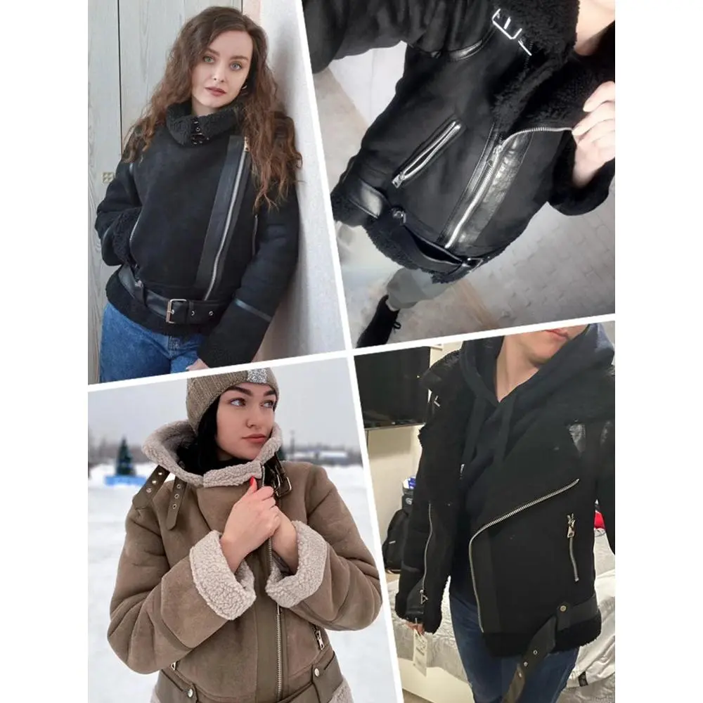 Winter Women Thick Warm Suede Lamb Jacket Short Motorcycle Brown Coats 2025