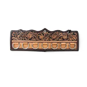 Tooled Leather Scarf/Rag Holder with Floral Design and 6 D-Rings for Organization