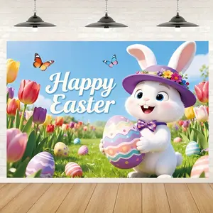 Easter Background Fabric, Rabbit & Egg Pattern Design, Polyester Material, Spring Hanging Decoration, Indoor Outdoor Photography Backdrop, Wall Hanging Backdrop