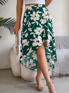 Women's Casual Floral Midi Skirt, Loose-Fitting Summer Print Skirt, Asymmetrical Hem Half Skirt, Comfortable Daily Wear